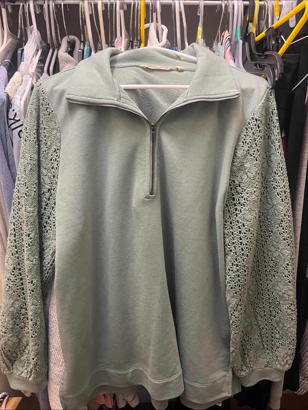 Soft Surroundings Sage Green Crochet-Sleeve Half-Zip Pullover